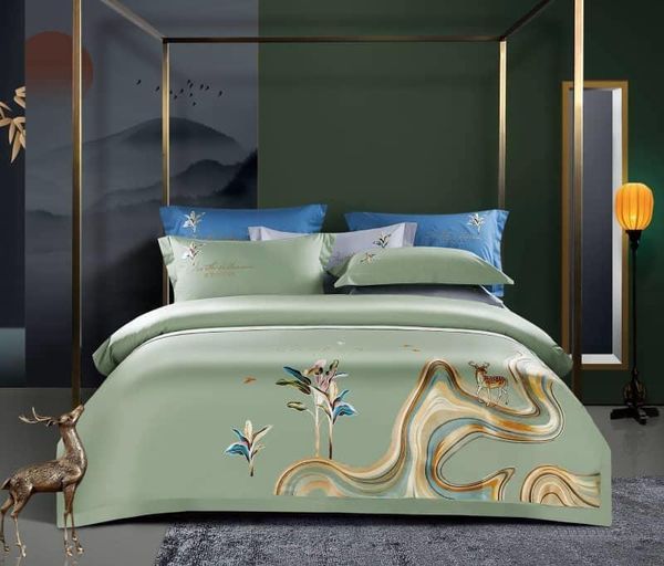 

egyptian cotton comforter cover bedding set green blue embroidery  king 4pcs 1 duvet 1bed sheet 2 pillow shams sets