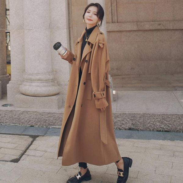 

winter camel wool coat for women double breasted elegant korean loose thick warm cashmere jacket outwear female autumn women's & blends, Black