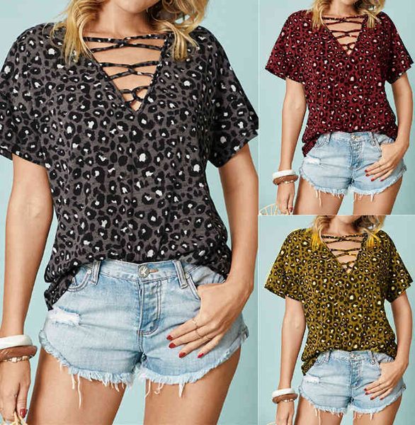 

2021 printed leopard v-neck short sleeve t-shirt, White