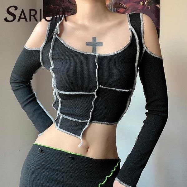 

irregular hollow out long sleeve off shoulder t shirt women ribbed y2k aesthetic ruched patchwork crop koszulka damska, White
