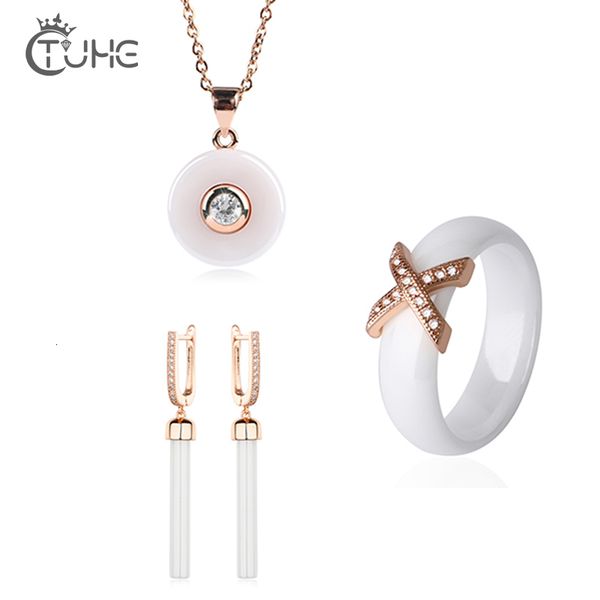 

jewelry sets 3pcs/set 585 rose gold women set 6mm x ceramic ring long white drop earring cubic zircon necklace wedding christmas gift, Black