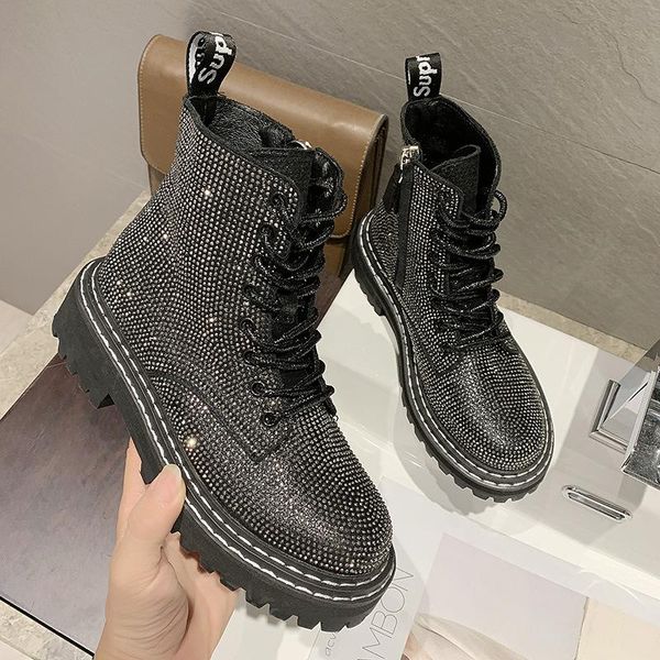 

boots all over the sky star lace thick bottomed muffin slope heel motorcycle women's shoes fashion, Black