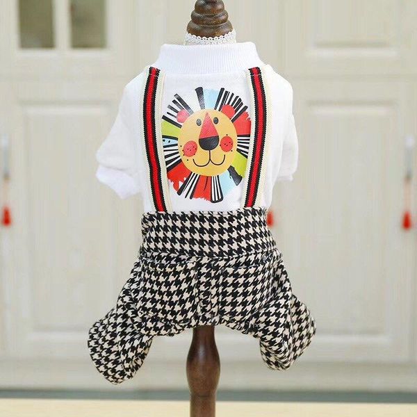 

dog apparel pet clothes with houndstooth printed lion and velvet belted pants black white colors xs-xl sizes four feet for