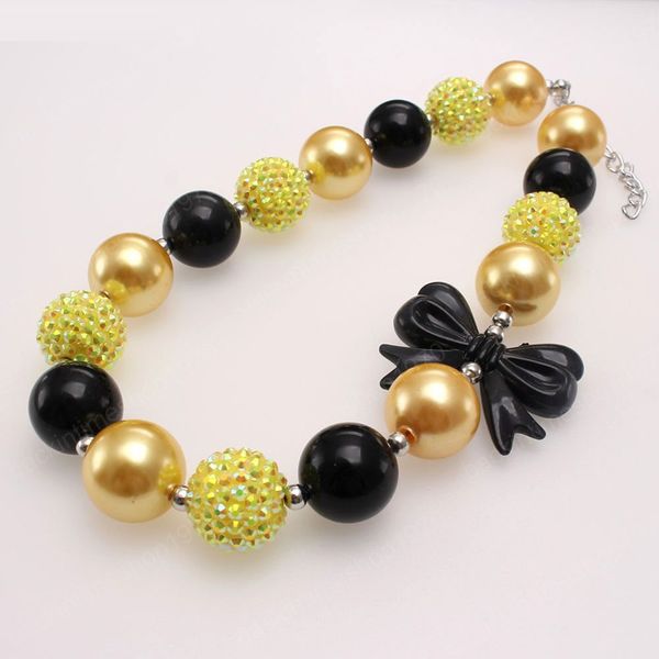 

baby chunky bowknot round beaded necklace yellow+black cute kids girls handmade bubblegum necklace for party gift, Red;brown
