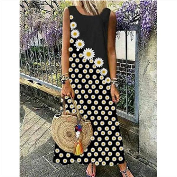

casual dresses maxi for women summer 2021 harajuku bodycon dress o-neck spaghetti strap printing elegant loose waist sleeveless, Black;gray