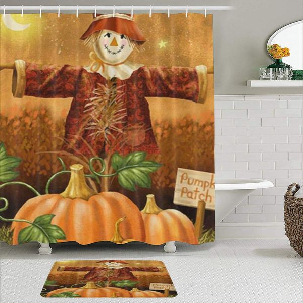 

fabric shower curtain and mats set,fall pumpkins watercolor painting on leaf nature drawing leaves patch thanksgiving,waterproof