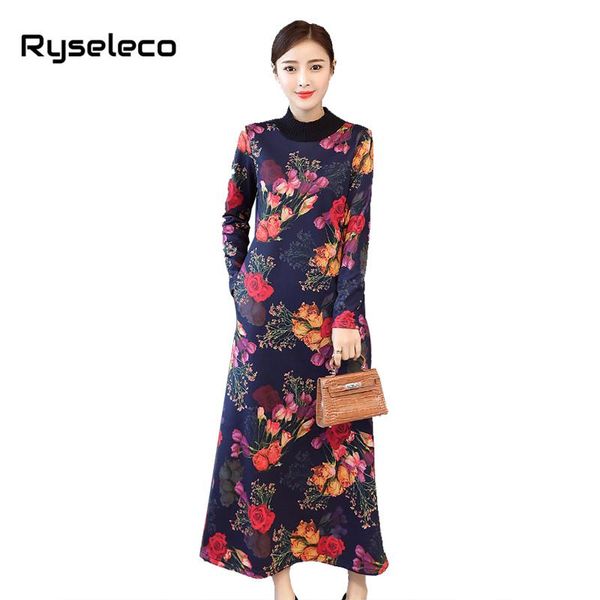 

casual dresses women winter chinese style loose dress female big plus size oversize floral turtleneck long sleeve fleece basic 4xl, Black;gray
