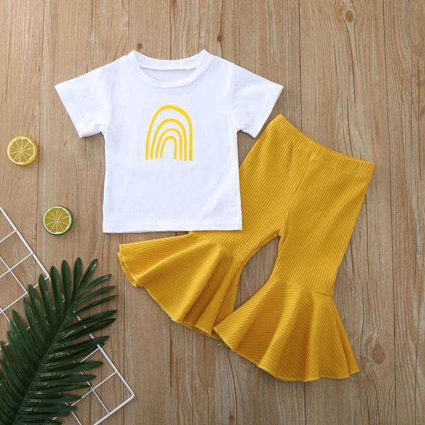 

clothing sets 12m-5t summer toddler kids baby girls rainbow t-shirt ribbed bell-bottoms pants outfits baby's, White