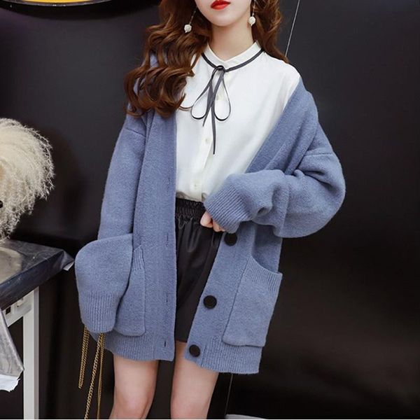 

women's knits & tees yellow blue red knitted sweater women autumn white loose big pocket v-neck long sleeve knit cardigan female ladie