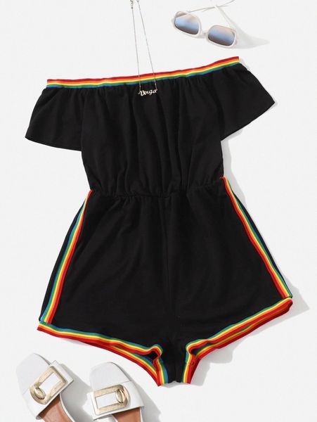 

off shoulder rainbow striped taped romper 19gc#, White