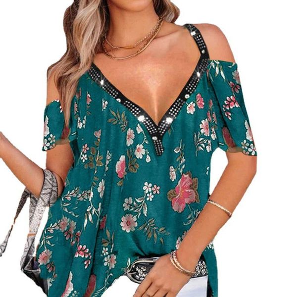 

women's t-shirt 2021 summer t shirt wear fahsion v neck floral print shirts off shoulder short sleeve casual loose tees, White