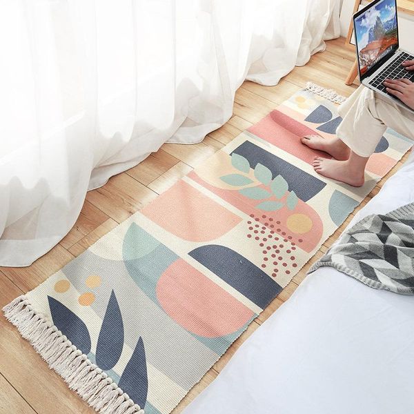 

carpets fashion hand woven bedroom bohemian bedside rugs tassel cotton blanket anti-skid floor door mat home decorative tapestry