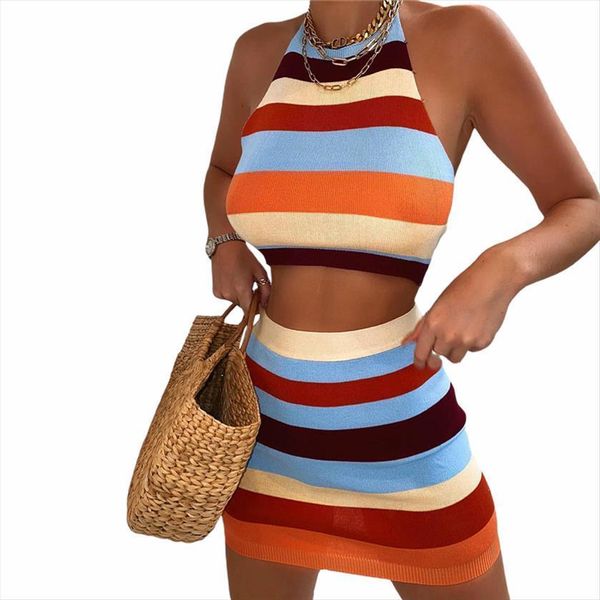 

fashion trend clothing set knitted women tracksuits sleeveless halter camisole skirt two piece suit for party vacation travelling, Gray