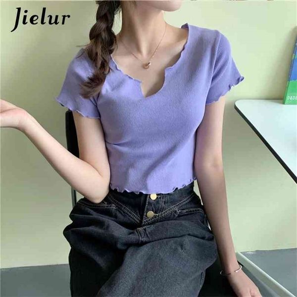 

t shirt women solid color v-neck knitted tshirt short elastic sleeve korean slim basic chic summer t-shirt 210426, White