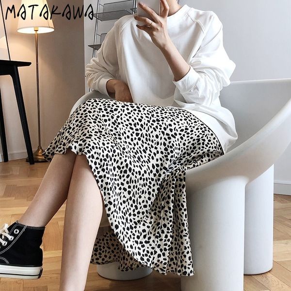 

matakawa streetwear elegant satin leopard print skirt for women high waisted fishtail a-line skirts 210513, Black