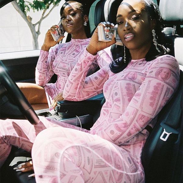 

womens dress streetwear dollar print mesh women long sleeve pink bodycon mini summer autumn cap party wrap ladies, Black;gray