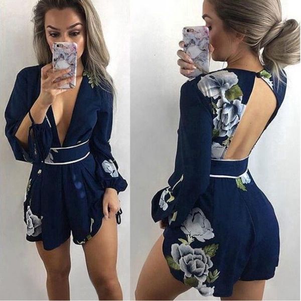 

women's jumpsuits & rompers zomer playsuits vrouwen bloemen korte boho chiffon lange mouwen v-hals backless hollow out beach romper, Black;white