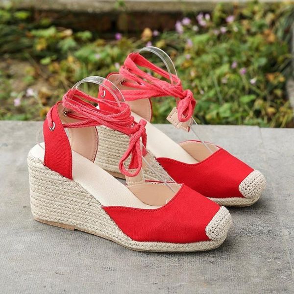 

sandals women's espadrille ankle strap comfortable lace up ladies woman casual shoes on heels dancing flax wedges pumps, Black