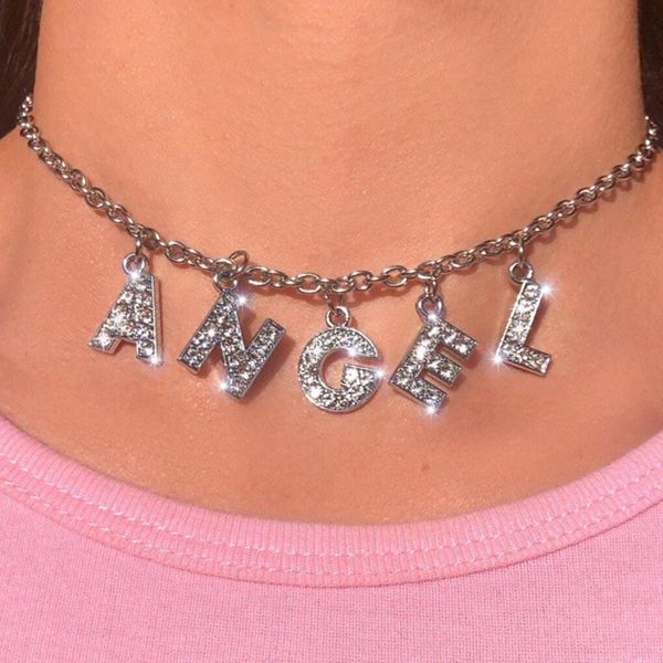

pendant necklaces harajuku letter crystal angel necklace women jewelry couple gift baby honey choker femme punk collier drop ship, Silver