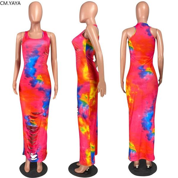 

casual dresses cm.yaya tie dye print club night party women sleeveless hole hollow out bodycon maxi dress streewear active wear long, Black;gray