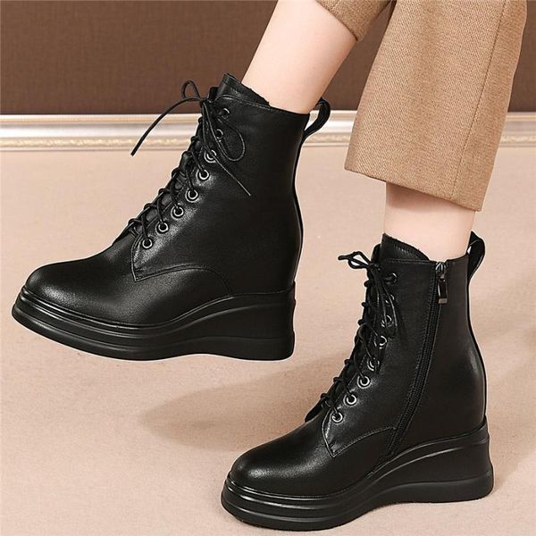

boots casual shoes women genuine leather platform wedges high heel ankle female lace up round toe fashion sneakers punk trainers, Black