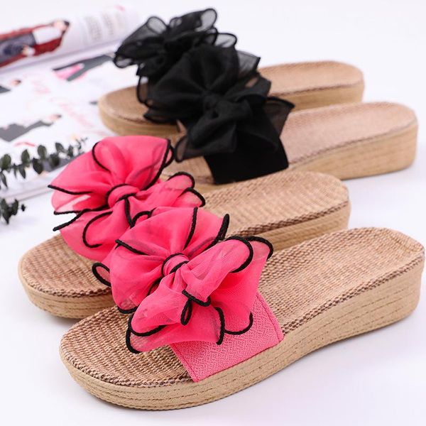 

slippers women's home wood floor summer linen sandals four seasons fashion beautiful comfort non-slip highter waterproof, Black