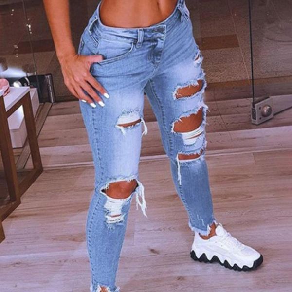 

women's jeans fashion women denim low waist hip lift ripped holes tassel skinny pencil pants trousers stretch jean ladies for work, Blue