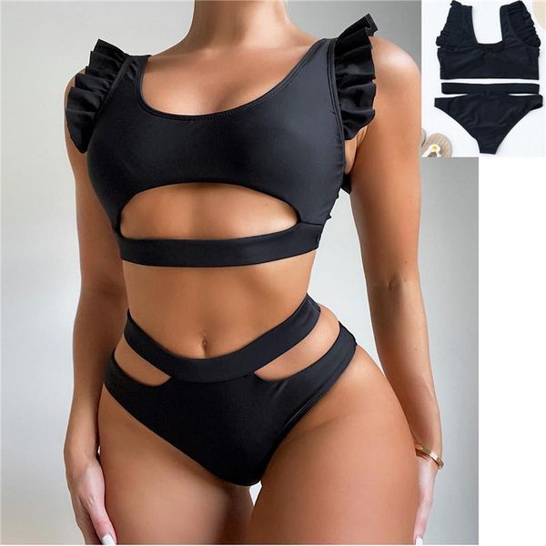 

women's swimwear xingqing high waist ruffled bikini set flounce biquini women swimsuit solid color beachwear v-neck bathing suit, White;black