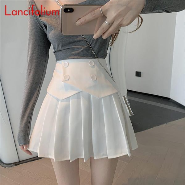 

y2k school girl mini skater pleated tennis skort white black buttons high waist patchwork skirt summer women ladies 2021 skirts
