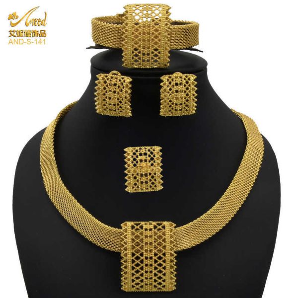 Jóias de luxo colar de cadeia africana conjunto de jóias 24k dubai cor de ouro indiano coleção de casamento árabe conjuntos brinco para as mulheres H1022