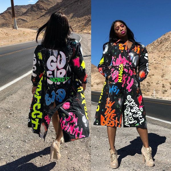 

fashion letter print women coat long sleeve winter spring trench with sashes poets winter spring light long bla coat 2021by ai, Black;white
