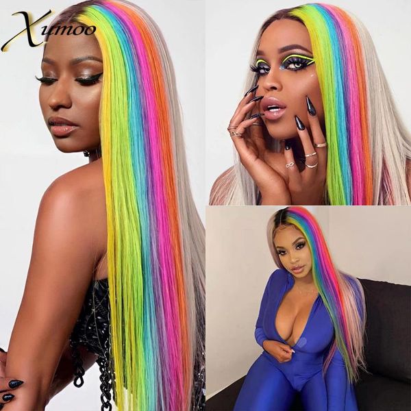 

lace wigs xumoo rainbow cosplay party front long bone straight brazilian human hair ombre sliver with dark roots for women, Black;brown