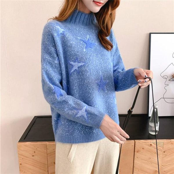 

women's sweaters 2021 autumn and winter sweater solid color long-sleeved round neck loose knitting five-pointed star pattern leisure, White;black