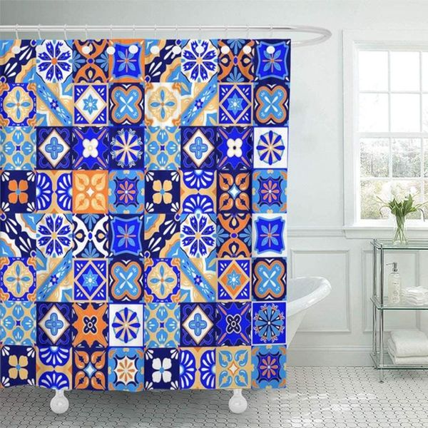 

72x72 inch home decor bathroom colorful pottery mexican talavera tiles in blue orange and white yellow geo mexico shower curtain curtains