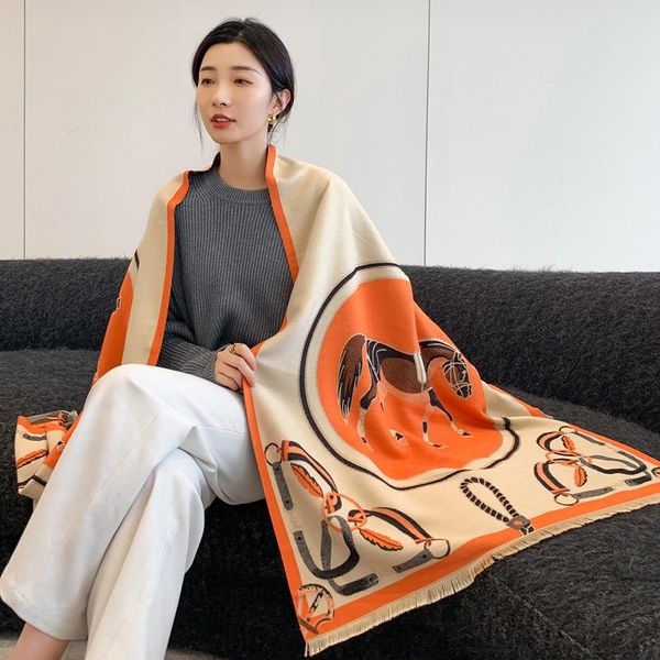 

scarves 2021 cashmere scarf women winter design horse print pashmina shawls and wraps thick warm double-sided blanket, Blue;gray