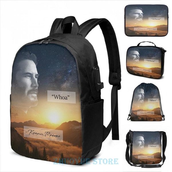 

backpack funny graphic print whoa - keanu reeves usb charge men school bags women cosmetic bag travel laptop