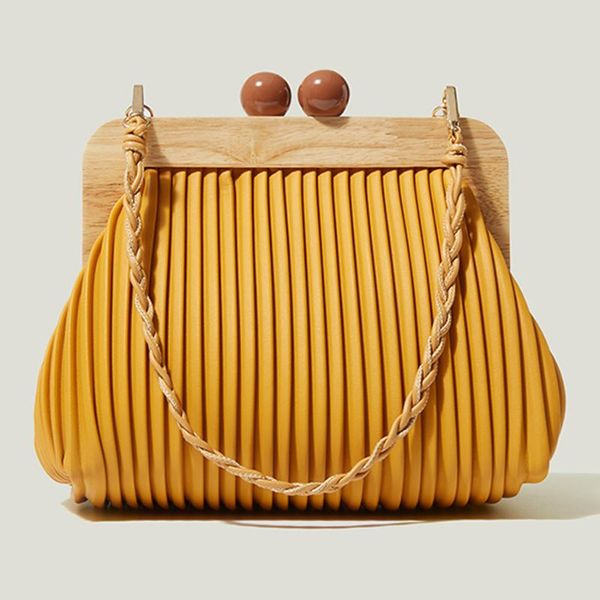 

evening bags fashion wooden clip ruched clutch bag for women designer kiss lock handbags luxury pu leather tote female small purses 2021