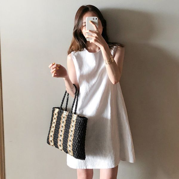 

summer women dresses high waist sleeveless casual solid multi colors zipper cotton and linen mini dress 210518, Black;gray