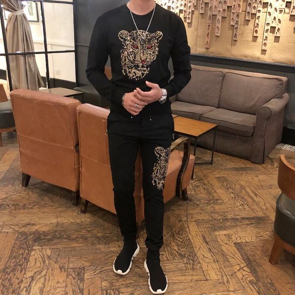

men's tracksuits t-shirt short sleeve sweatshirt+pants casual 2-piece suit fall/winter diamond fashion designer, Gray