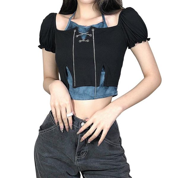 

women's t-shirt women\u2021s short sleeve fake two-piece summer fashion tie-dye stitching halter exposed navel, White