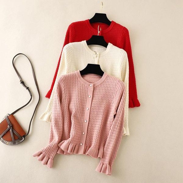 

women's knits & tees singreiny korean ruffles knitted cardigan fashion retro casual loose knit outerwear autumn winter warm streetwear, White
