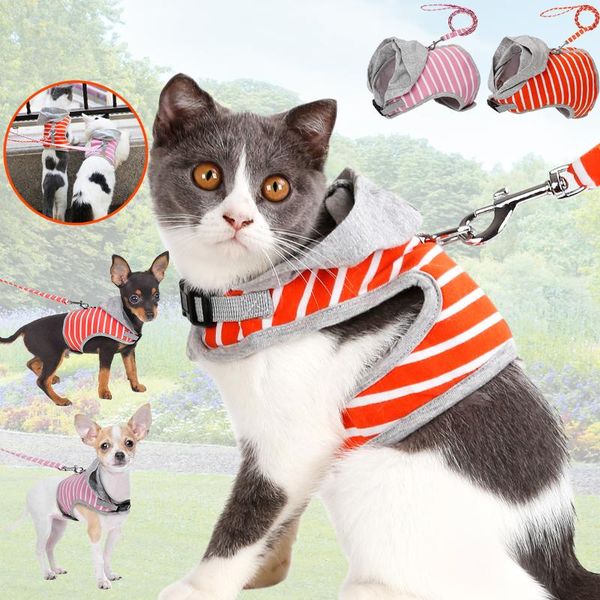 

cat collars & leads striped printed pet dog bow chest belt leash vest harness traction rope d30