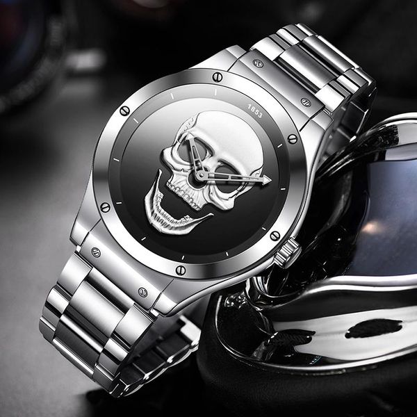 

wristwatches 2021 lige fashion skull mens watches all steel watch men waterproof quartz clock male sport chronograph+box, Slivery;brown