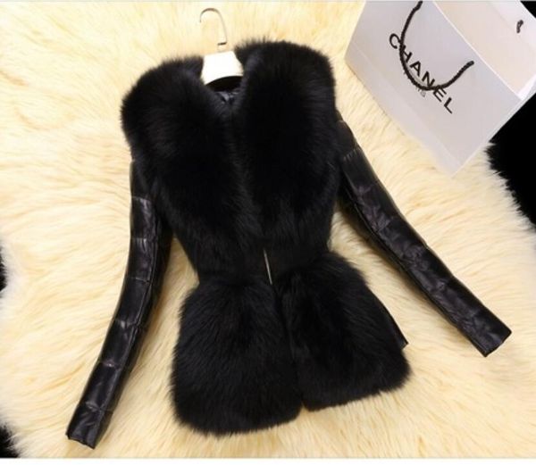 

women's fur & faux european and american winter imitation sheepskin pu leather down jacket women short slim coat big collar hua, Black