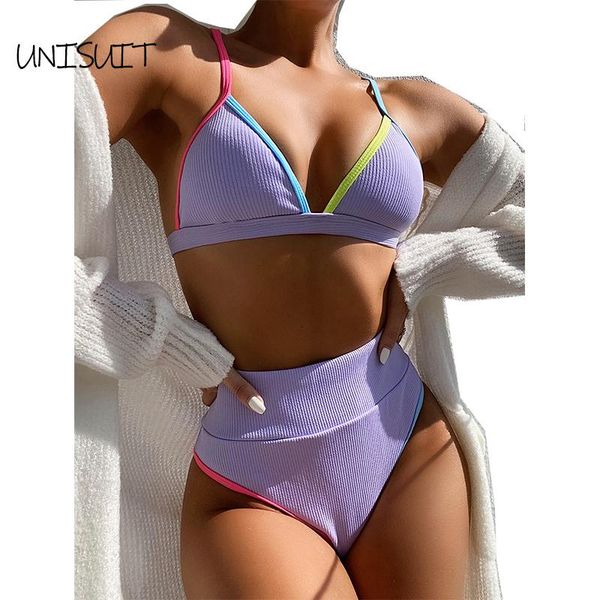 

women's swimwear 2021 color border swimsuit beachwear fashion casual deep v-neck sling bikini set lady high waist triangle bathing suit, White;black