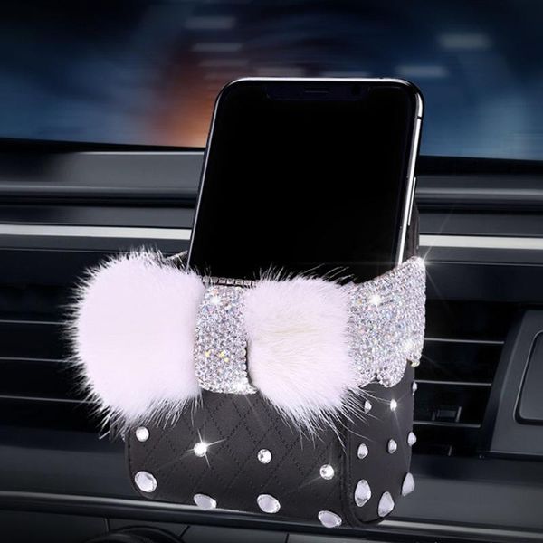 

car organizer bling diamond crystal air vent mobile phone holder bow knot leather pouch storage box decor accessories