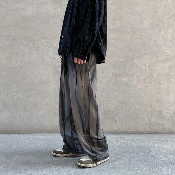 

casual trousers men's port style tie-dye ink 2021 spring design sense retro niche sports pants loose straight wide-leg, Black