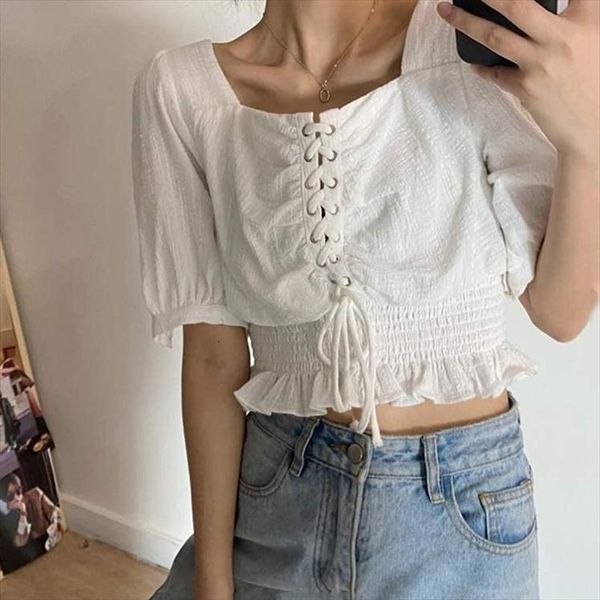 

lace up vintage white cotton womens blouses linen summer short sleeve cropped ruffle tunics fashion