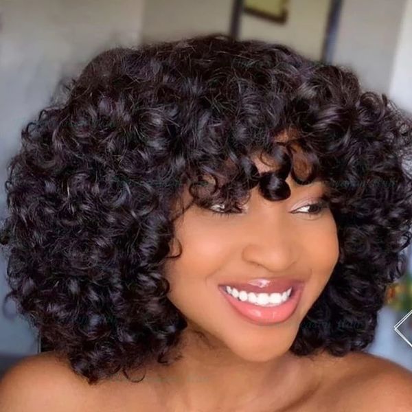 Brasileiro Kinky Curly Human Human Wigs com Bangs Curto Funmi Crochet Curls Remy Lace Front Wig para mulheres negras 130% Densi