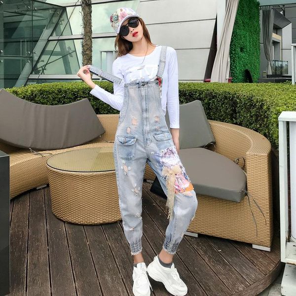

women's jumpsuits & rompers saveleva 2021 spring women overalls cool denim jumpsuit ripped holes casual jeans sleeveless loose beading, Black;white